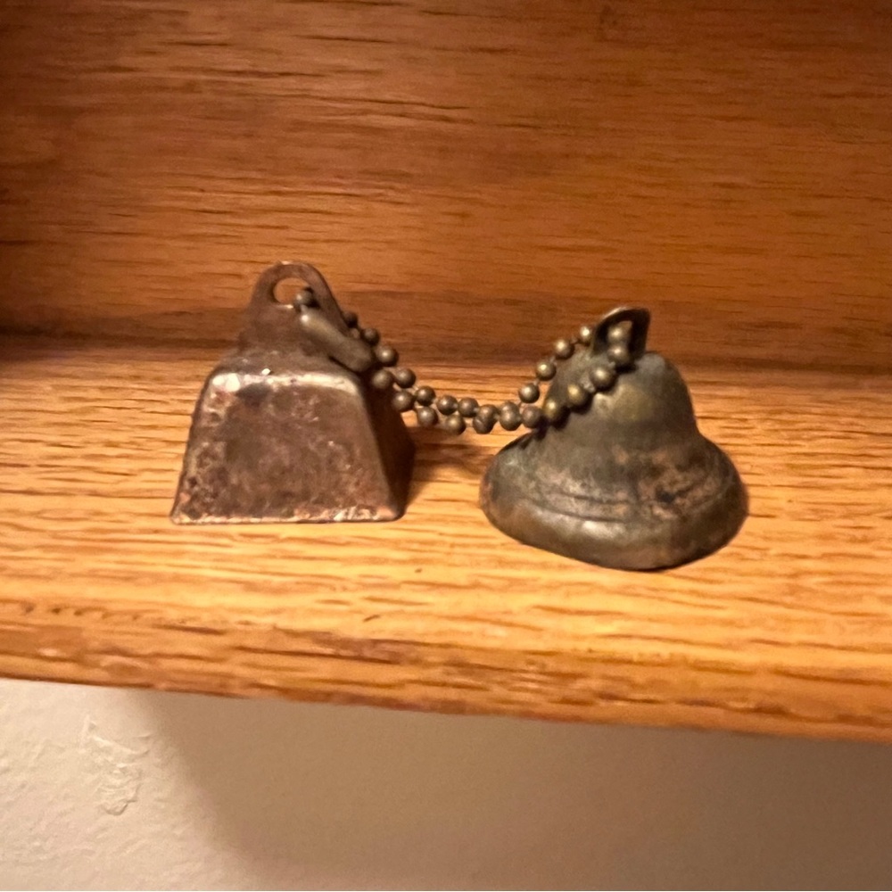 2 COPPER FISHING BELLS - Tiny - Antique Mini Rusty Primitive Rustic Bells